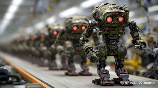 Robots Marching on Conveyor Belt in Vast Factory – AI Generated Video | Hailuo AI