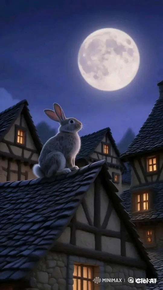 Rabbit Watches Tranquil Moonrise Over Quiet Village – AI Generated Video | Hailuo AI