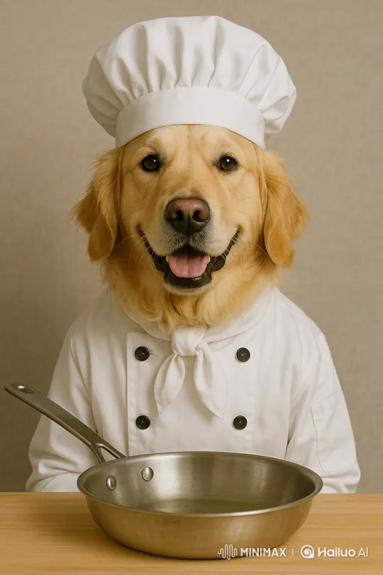 Golden Retriever Chef Enthusiastically Cooks Veggie Dish – AI Generated Video | Hailuo AI