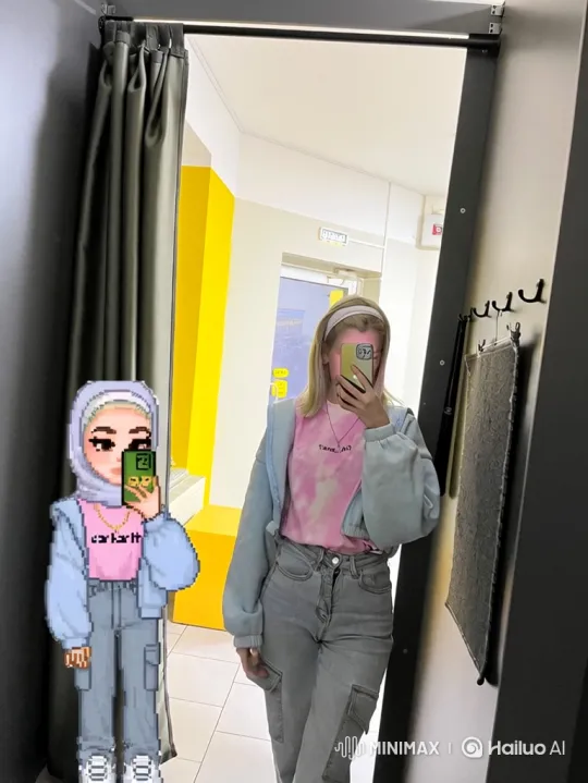 Young Woman and Pixelated Avatar in Fitting Room – AI Generated Video | Hailuo AI