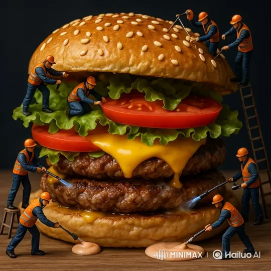 Miniature Crew Constructs a Giant Double Cheeseburger – AI Generated Video | Hailuo AI