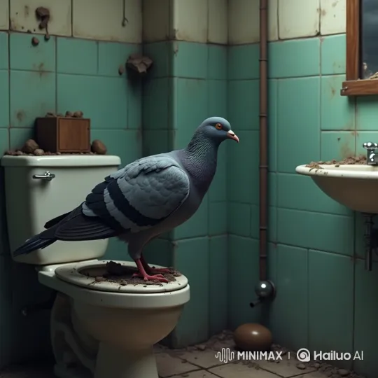 Pigeon Comforted by Hand in Ruined Bathroom – AI Generated Video | Hailuo AI