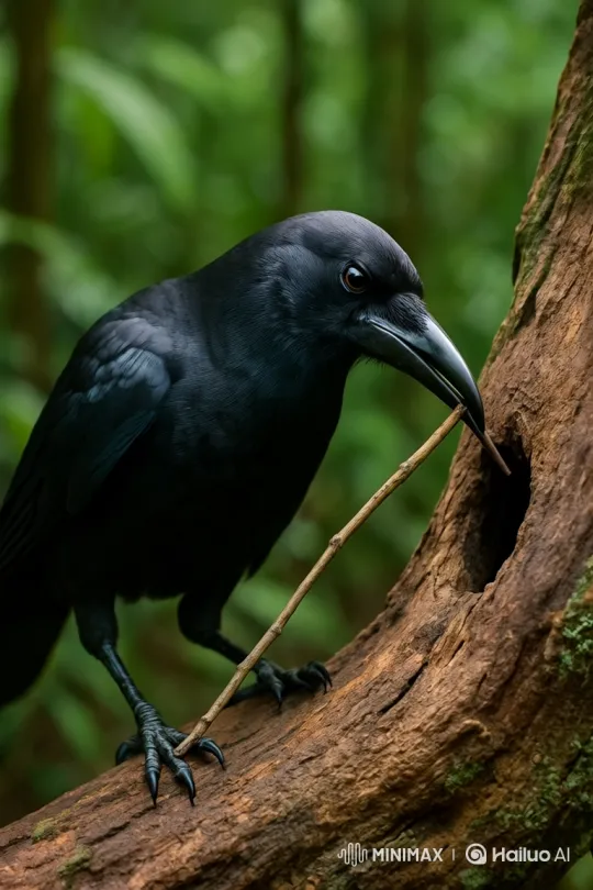 Sleek Bird Utilizes Twig as Tool on Branch – AI Generated Video | Hailuo AI