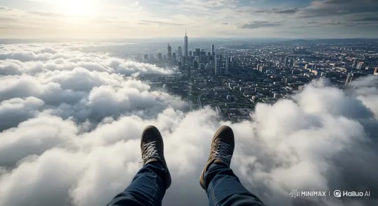 Aerial Descent Through Clouds into a Cityscape – AI Generated Video | Hailuo AI