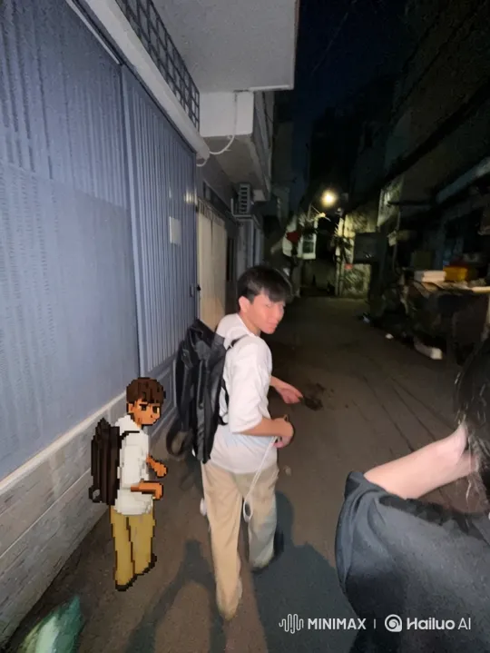 Young Man and Pixel Character in Night Alley Rotation – AI Generated Video | Hailuo AI