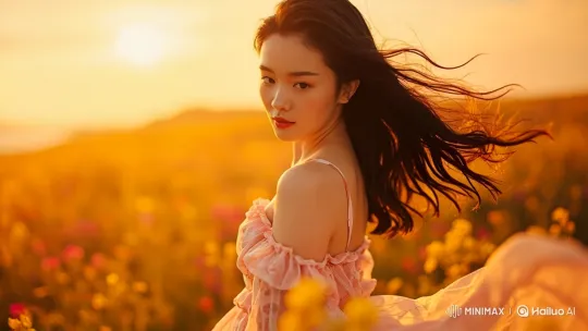 East Asian Woman in Sunlit Meadow Walks Gracefully – AI Generated Video | Hailuo AI