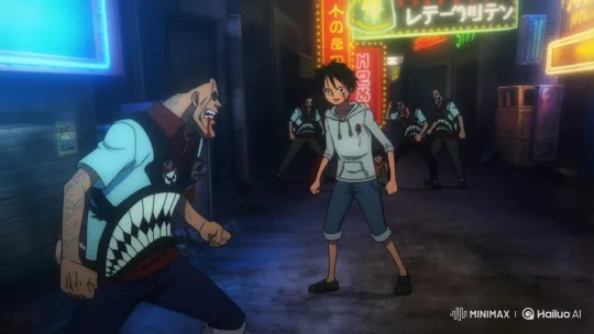 Luffy Defies Arlong's Gang in Tokyo Alley – AI Generated Video | Hailuo AI