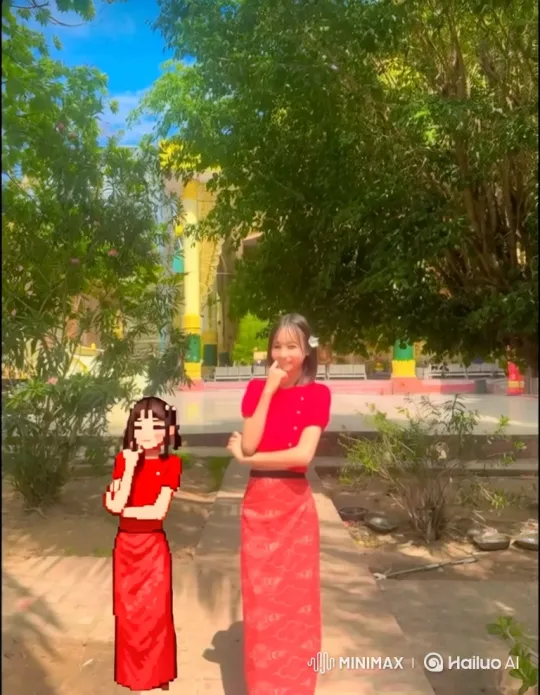 Young Woman and Animated Self in Serene Park Setting – AI Generated Video | Hailuo AI