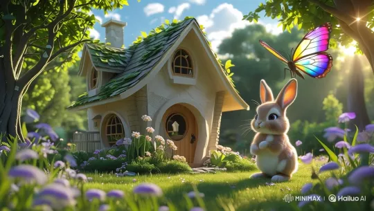 Curious Bunny and Playful Butterfly in Sunlit Meadow – AI Generated Video | Hailuo AI