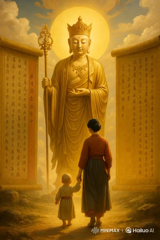 Pilgrims Approach Radiant Kṣitigarbha Bodhisattva in Golden Light – AI Generated Video | Hailuo AI
