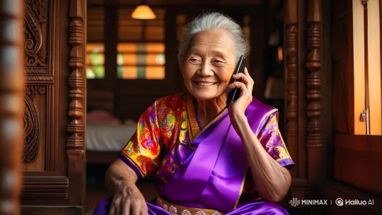 Elderly Woman in Carved Doorway on Phone – AI Generated Video | Hailuo AI