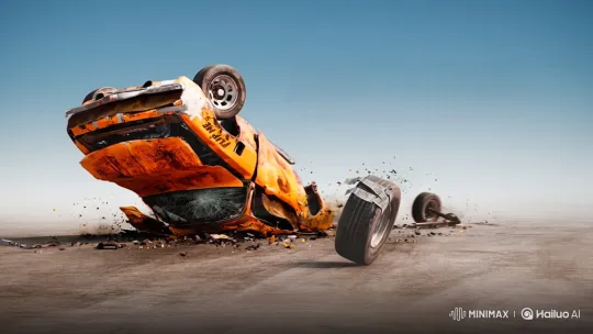 Dramatic Car Crash: Orange Vehicle Tumbles and Crashes – AI Generated Video | Hailuo AI