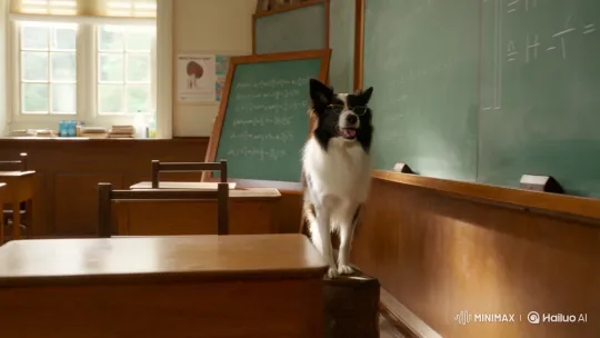 Intelligent Border Collie Teaches in Animated Classroom Scene – AI Generated Video | Hailuo AI