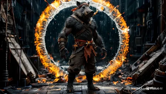 Levitating Wild-Boar Warrior in Futuristic Setting – AI Generated Video | Hailuo AI