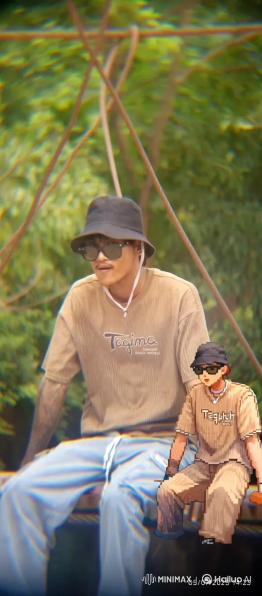 Young Man and Pixelated Double in Coordinated Outfit – AI Generated Video | Hailuo AI
