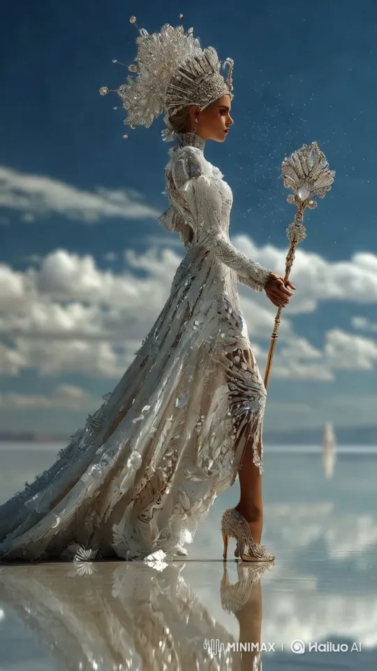 Elegant Woman in Shimmering Gown and Sparkling Headdress – AI Generated Video | Hailuo AI