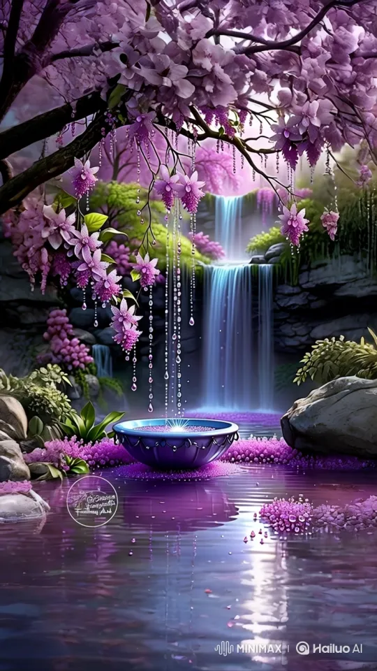 Magical Grotto: Tranquil Waterfall and Shimmering Bowl – AI Generated Video | Hailuo AI