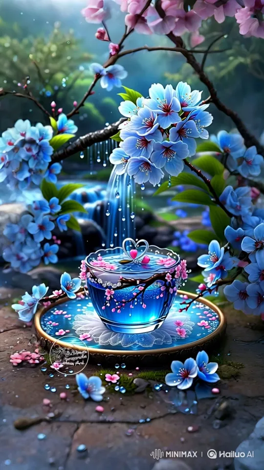 Magical Blue Liquid Ripple in Blossoming Garden – AI Generated Video | Hailuo AI