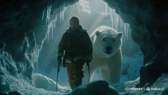 Man and Polar Bear Venture into Icy Cave – AI Generated Video | Hailuo AI