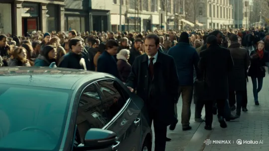 Man Stands Still by Car Amidst Busy City Crowd – AI Generated Video | Hailuo AI