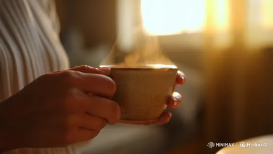 Morning Warmth: Woman Holding Steaming Cup in Sunlight – AI Generated Video | Hailuo AI