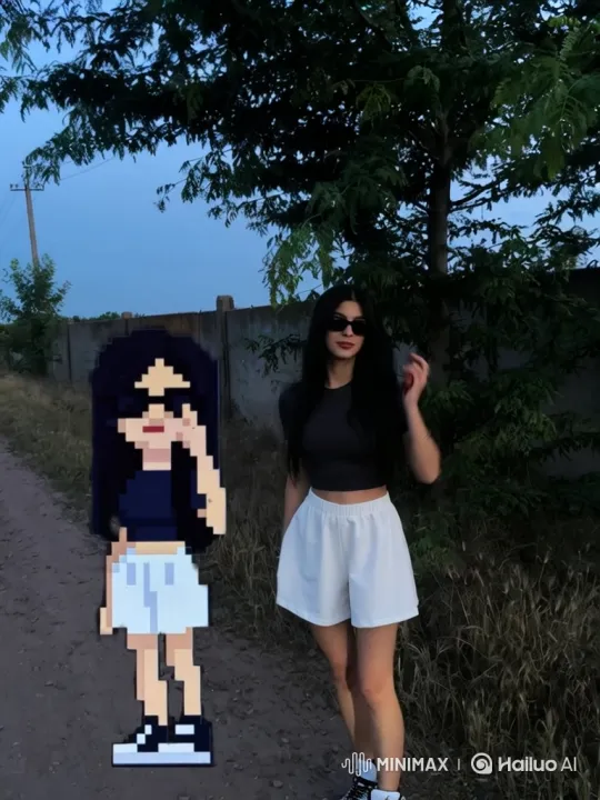 Young Woman Poses with Pixelated Figure at Twilight – AI Generated Video | Hailuo AI