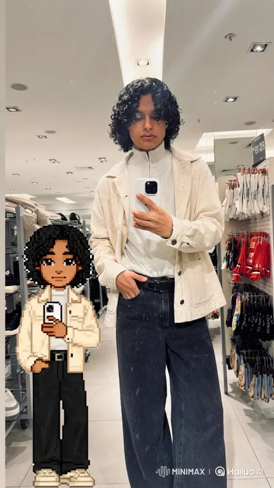 Young Man and Pixel Self in Clothing Store – AI Generated Video | Hailuo AI