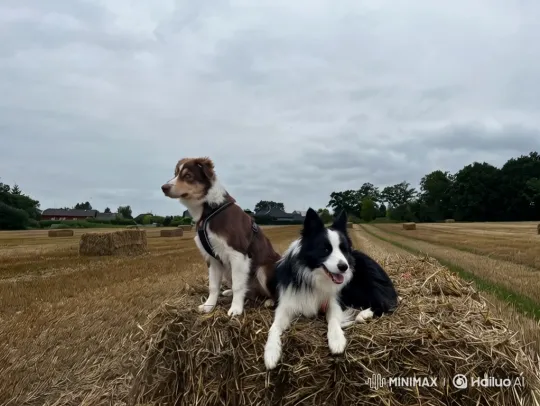 Dogs Relax on Hay Bale Amidst Harvested Field – AI Generated Video | Hailuo AI