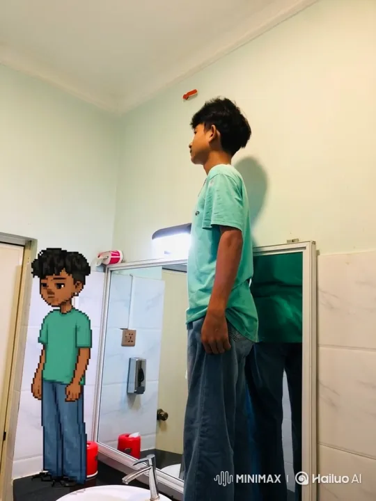 Young Person and Pixelated Self in 180-Degree Orbit Shot – AI Generated Video | Hailuo AI