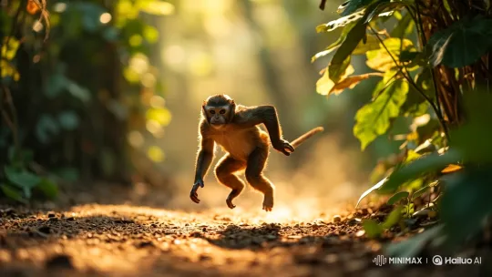 Monkey Leaps Through Sunlit Jungle Path – AI Generated Video | Hailuo AI