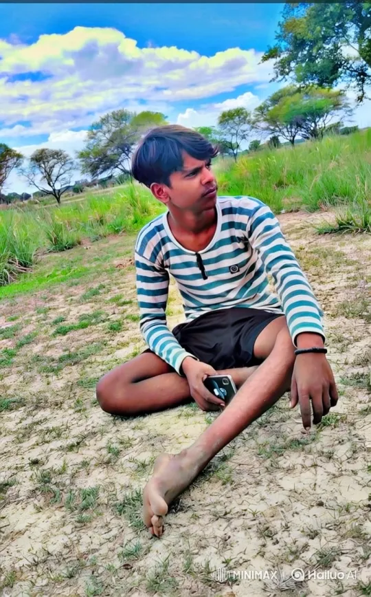 Young Man Focuses on Smartphone in Open Field – AI Generated Video | Hailuo AI