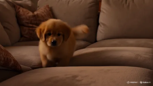 Golden Retriever Puppy Joyfully Bounces on Couch – AI Generated Video | Hailuo AI