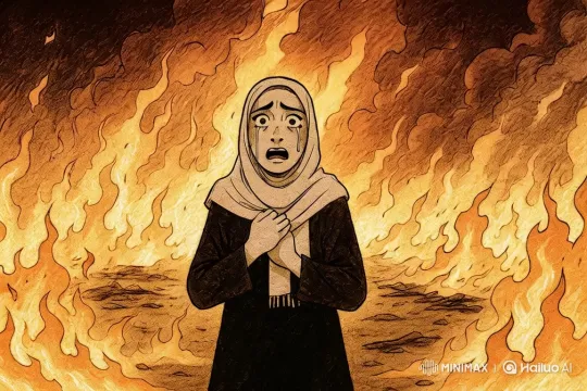 Distraught Woman Amidst a Landscape of Fire – AI Generated Video | Hailuo AI