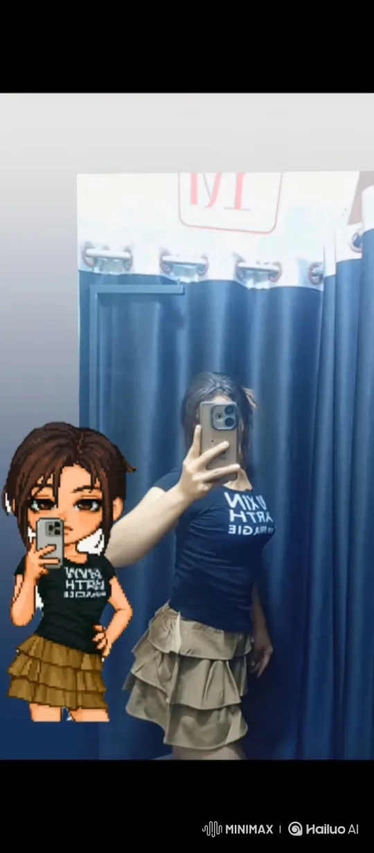 Pixelated Avatar Mirrors Real-Life Pose in Fitting Room – AI Generated Video | Hailuo AI