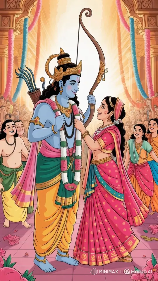 Ram and Sita's Joyous Union Celebrated in Ornate Hall – AI Generated Video | Hailuo AI