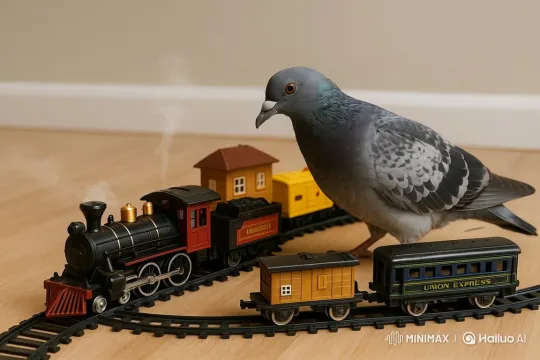Pigeon Rides Toy Train Through Miniature Cityscape – AI Generated Video | Hailuo AI