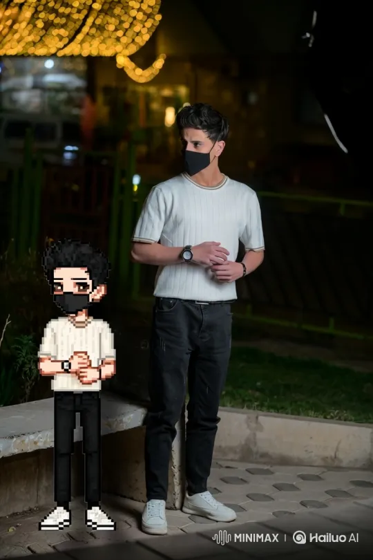 Young Man and Pixel Twin in Night Park Scene – AI Generated Video | Hailuo AI