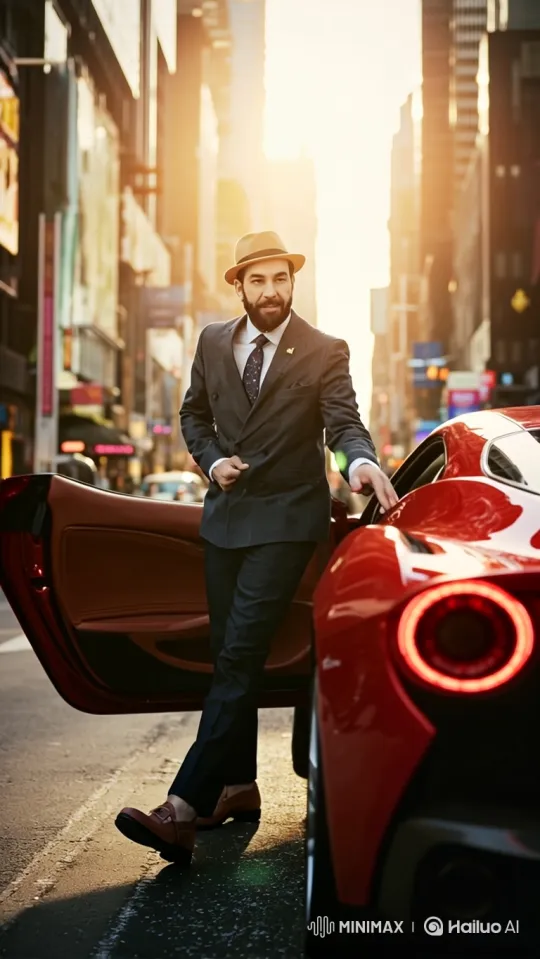 Stylish Man Enters Crimson Sports Car in City – AI Generated Video | Hailuo AI