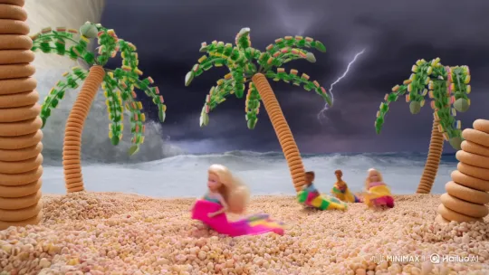 Surreal Beach: Dolls Flee Whipped Cream Tornado in Candy Storm – AI Generated Video | Hailuo AI