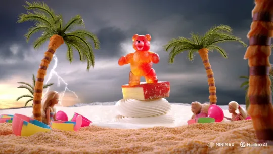 Gummy Bear Surfs Strawberry Shortcake Wave to Cereal Beach – AI Generated Video | Hailuo AI