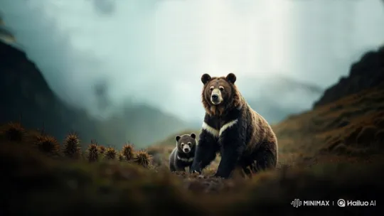 Bear and Cub Stand Tall in Misty Mountainside – AI Generated Video | Hailuo AI