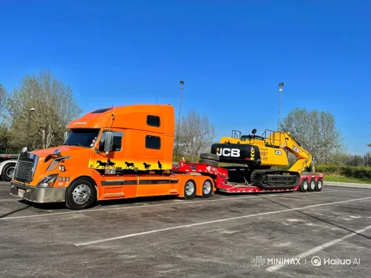Orange Semi-Truck with Lowboy Trailer Demonstrates Air Suspension – AI Generated Video | Hailuo AI