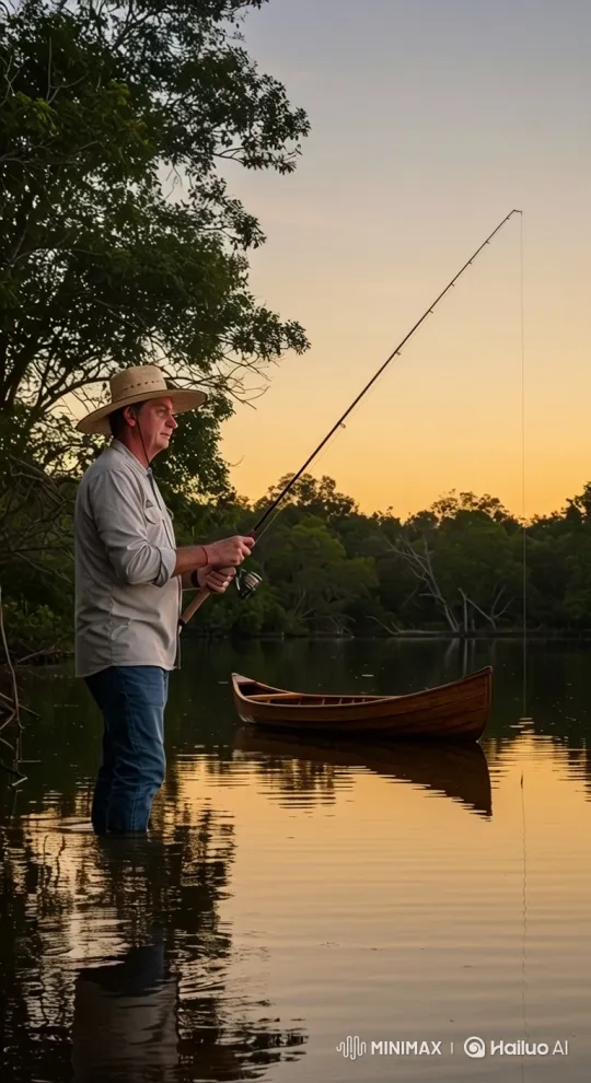 Fishing Silhouette at Sunset by Tranquil Lake – AI Generated Video | Hailuo AI