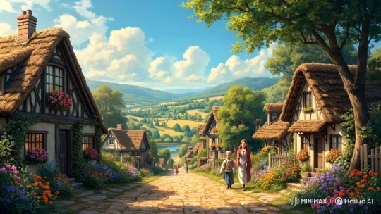 Idyllic Village Walk: Woman and Boy Stroll Through Tranquil Scenery – AI Generated Video | Hailuo AI