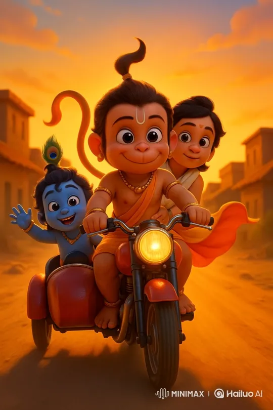 Joyful Trio on Motorcycle in Golden-Hour Village – AI Generated Video | Hailuo AI