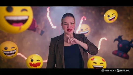 Woman Smiles with Animated Emojis in Digital Background – AI Generated Video | Hailuo AI