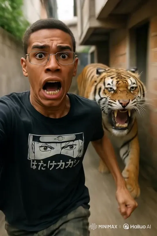 The tiger is trying to catch me!! – AI Generated Video | Hailuo AI