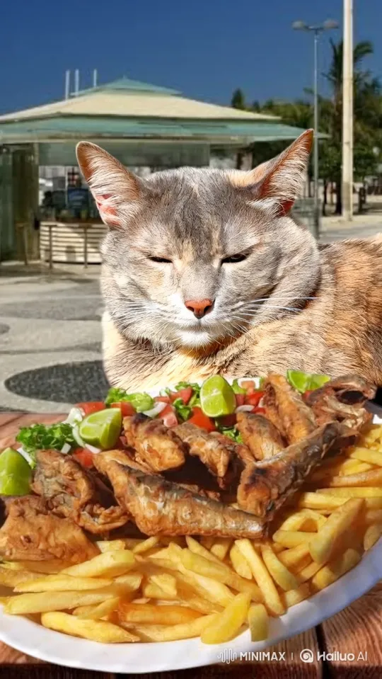 Cat Enjoys Outdoor Meal of Fries and Fish – AI Generated Video | Hailuo AI