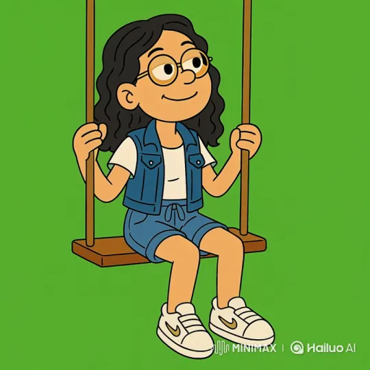 Cartoon Girl Swings, Speaks Cheerfully on Green Background – AI Generated Video | Hailuo AI