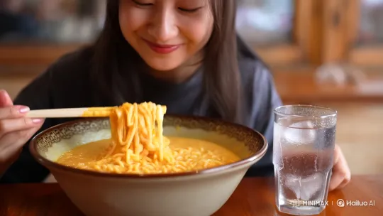 Contented Woman Enjoying Cheesy Ramen and Water – AI Generated Video | Hailuo AI
